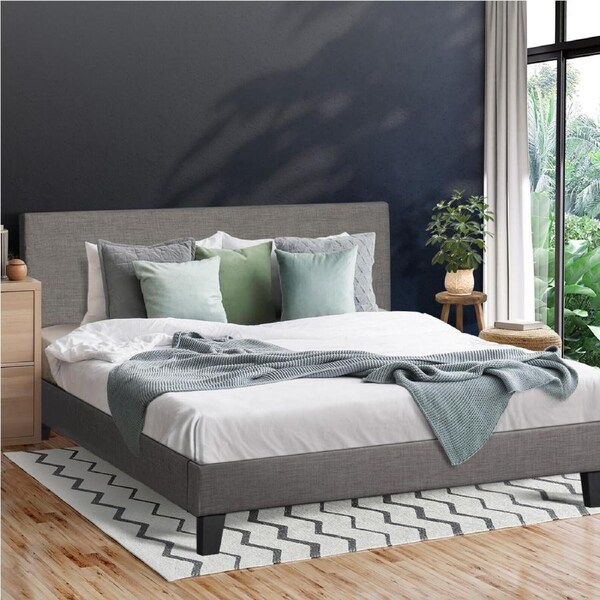Oikiture Bed Frame Queen Size Platform With Headboard Grey Fabric