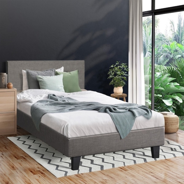 Oikiture Bed Frame Single Size Upholstered Bed with Headboard Grey Fabric
