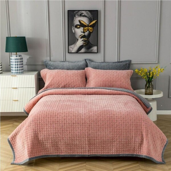 3 Pce 100% Cotton Velvet Reversible Quilted Coverlet Set Concordia Pink Queen/King