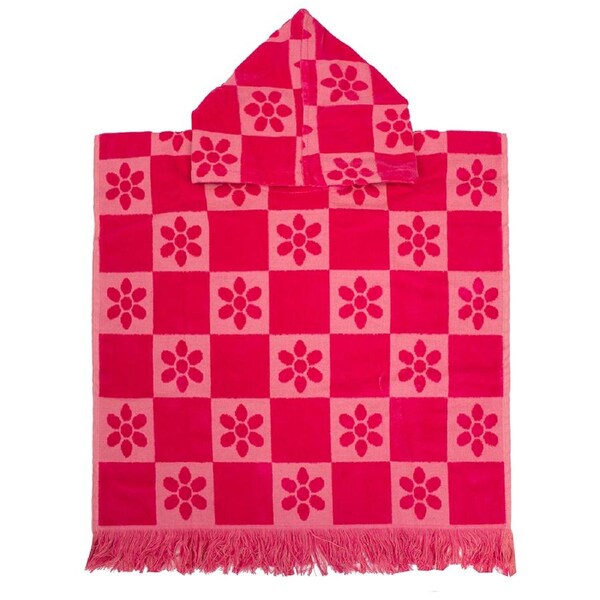Bambury Kids Daisy Check Poncho Hooded Beach Towels-Quick Drying - Pink