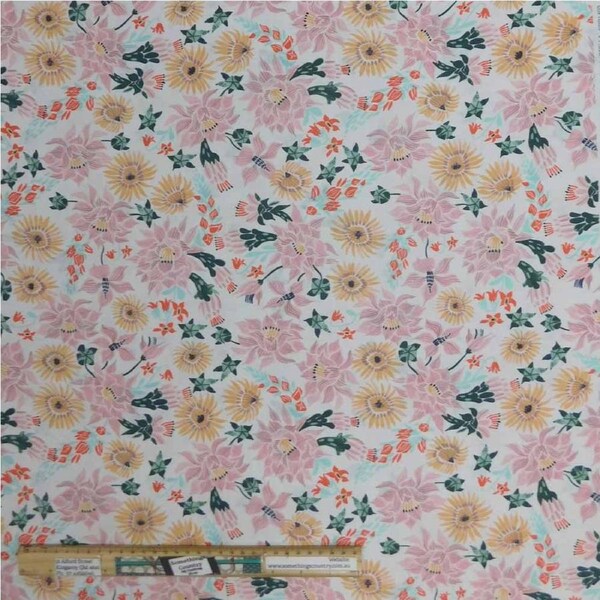 Quilting Patchwork Cotton Sewing Fabric Pink Yellow Flowers 1 Meter