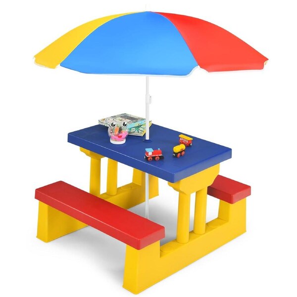 Costway Picnic Table Set Outdoor Bench w/Removable Umbrella Patio Yard