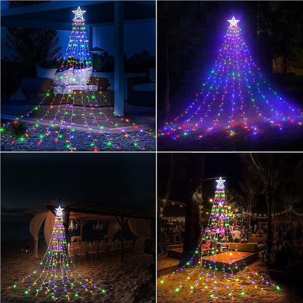 Solar LED String Light Fairy Waterfall Christmas Tree Decoration Ornament Star Topper Hanging Strip Indoor Outdoor 350 LEDs 9 Strands 8 Lighting Modes