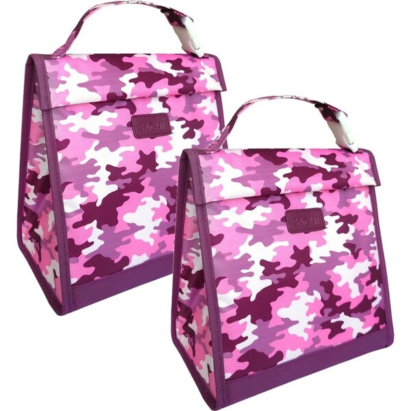 2x Sachi Junior 24cm Insulated Lunch Pouch Storage Bag w/ Carry Handle Camo Pink