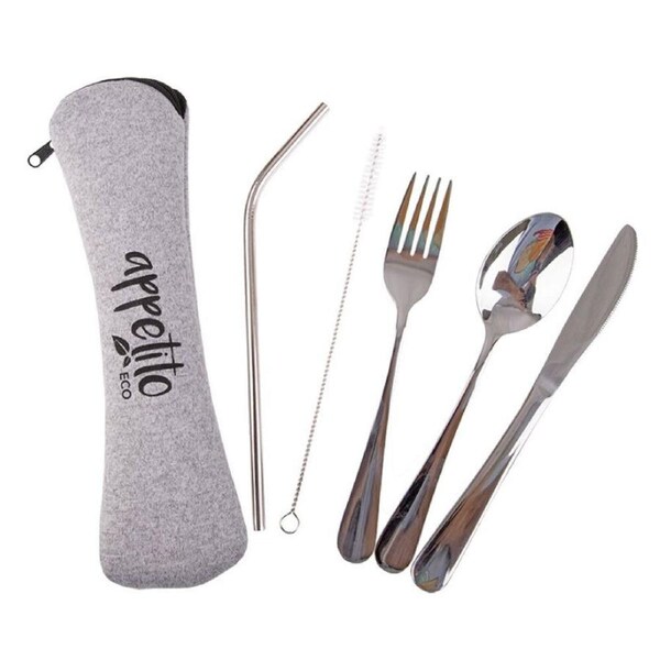 5pc Appetito Travellers/Camping Stainless Steel Spoon/Fork Straw Cutlery Set