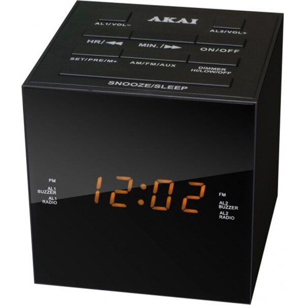 Akai Cube Alarm Clock Radio AM/FM LED Dimmer Speakers USB Charging Port Black