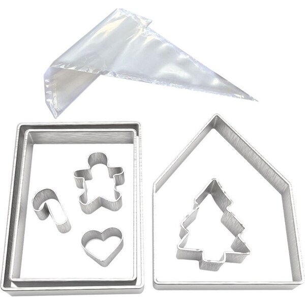 7pc R&M Gingerbread House Bake Steel Cookie Cutter Baking Set w/ 5x Piping Bags