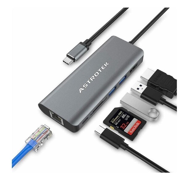 Astrotek USB-C Dock 6-in-1 Multiport Hub/Docking Station with 60W Power 1xHDMI 4K GLAN 2xUSB3.0 Card Reader for HP Lenovo Asus MacBook Chromebook