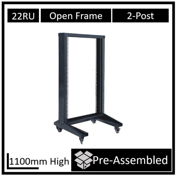 LDR Flat Packed 22U 2-Post Open Frame Rack, Black Metal Construction