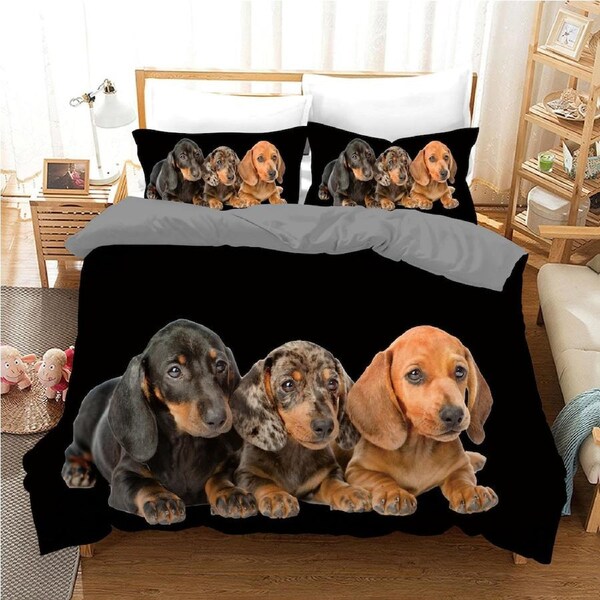 Dachshund Puppy Dog Quilt Doona Duvet Cover Pillow Case Set Queen, 2 Pillow Cases