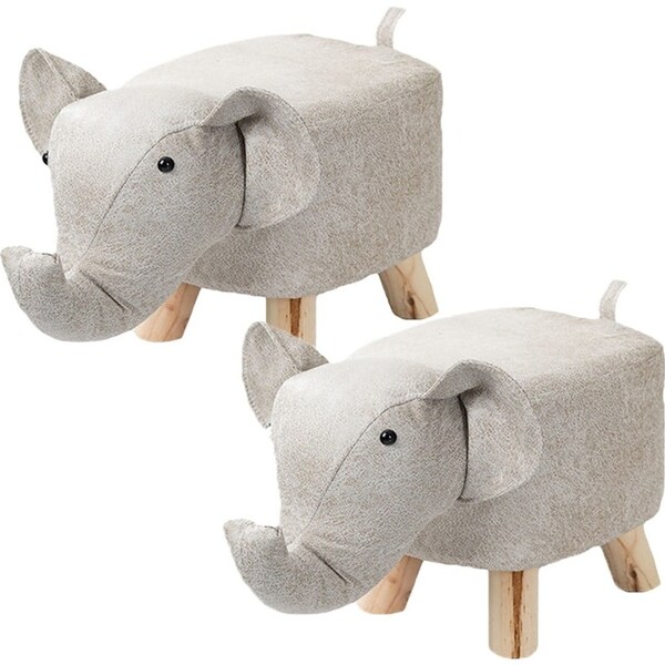 SOGA 2X Beige Gray Children Bench Elephant Character Round Ottoman Stool Soft Small Comfy Seat Home Decor