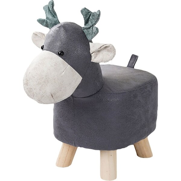 SOGA Grey Children Bench Deer Character Round Ottoman Stool Soft Small Comfy Seat Home Decor