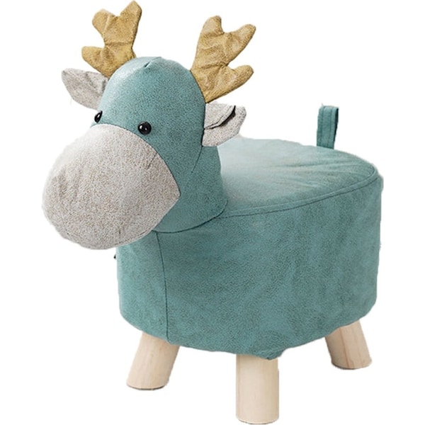 SOGA Green Children Bench Deer Character Round Ottoman Stool Soft Small Comfy Seat Home Decor