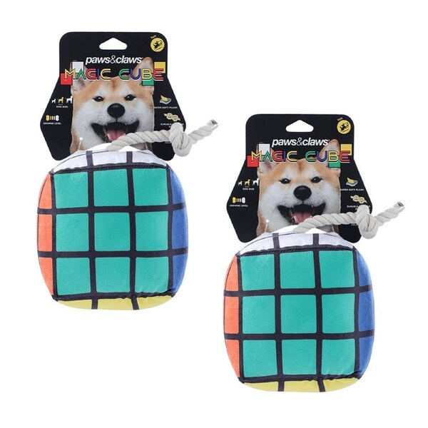 2x Pawsnclaws 16cm Magic Cube Soft Plush Pet Dog Squeaker Chew Toy w/ Rope Large