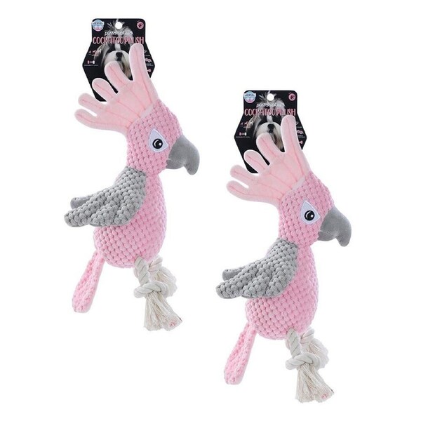 2x Paws & Claws 30cm Cockatoo Soft Plush Dog Chew Bite Toy w/ Rope/Squeaker Pink