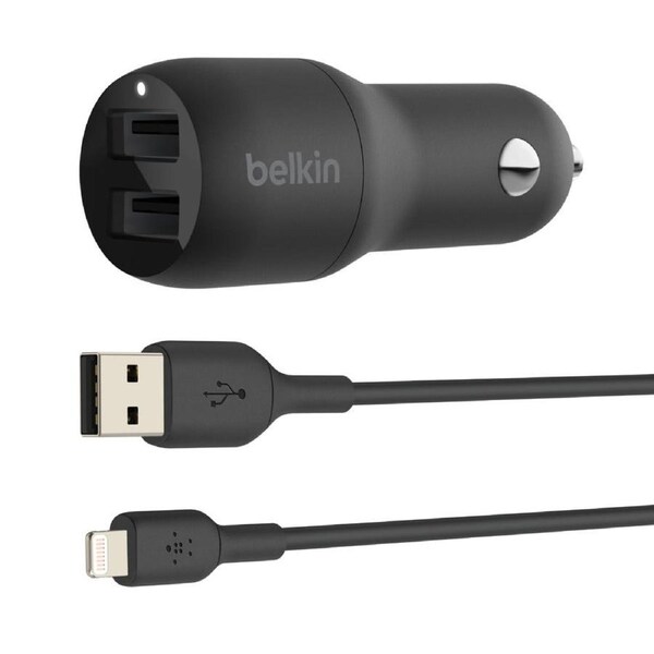 Belkin 24W BoostCharge Dual Car Charger with USB-A to Lightning Cable (Black)