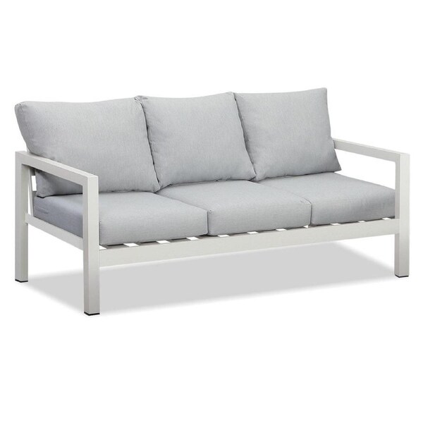 Manly 3 Seater White Aluminium Outdoor Sofa Lounge with Arms - Light Grey Cushion
