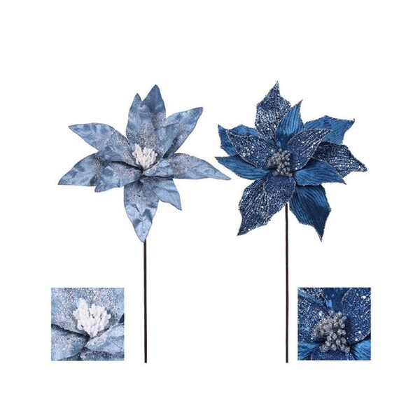 Denim Blue Poinsettia Flower Pick 2 Pack 32cm