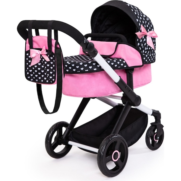 Bayer Xeo Compact Adjustable Doll Pram Pink w/ White Hearts & Pink Bow Kids 3y+