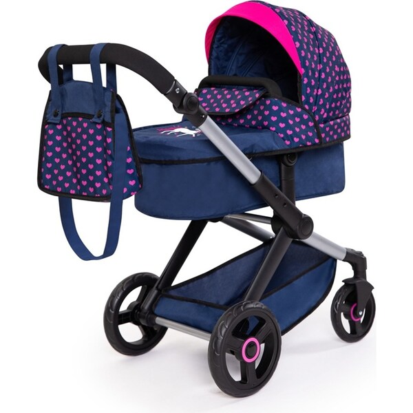 Bayer Xeo Compact Adjustable Doll Pram Dark Blue w/ Pink Heart Print Kids 3y+
