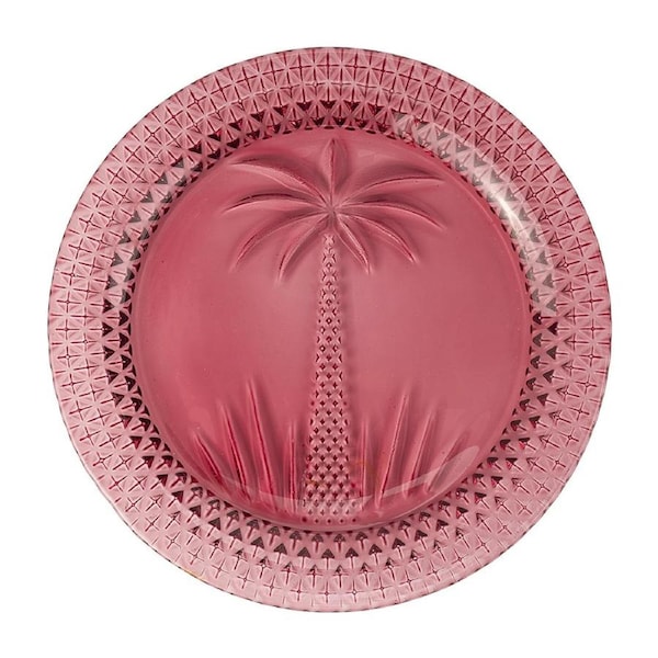 4pc Annabel Trends 18cm Round Palm Tree Etched Kitchen Glass Serving Plates Pink