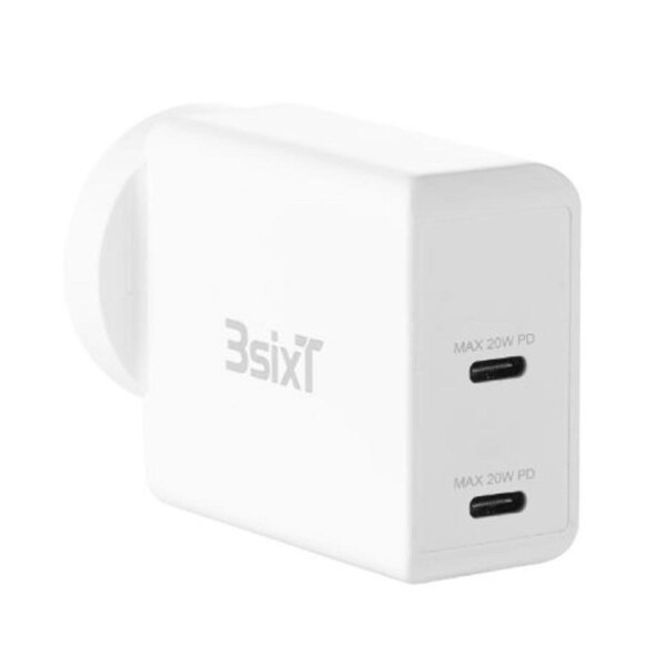 3sixT Dual Port 40W Phone Wall Charger/Charging Adapter Dual AU/NZ USB-C White