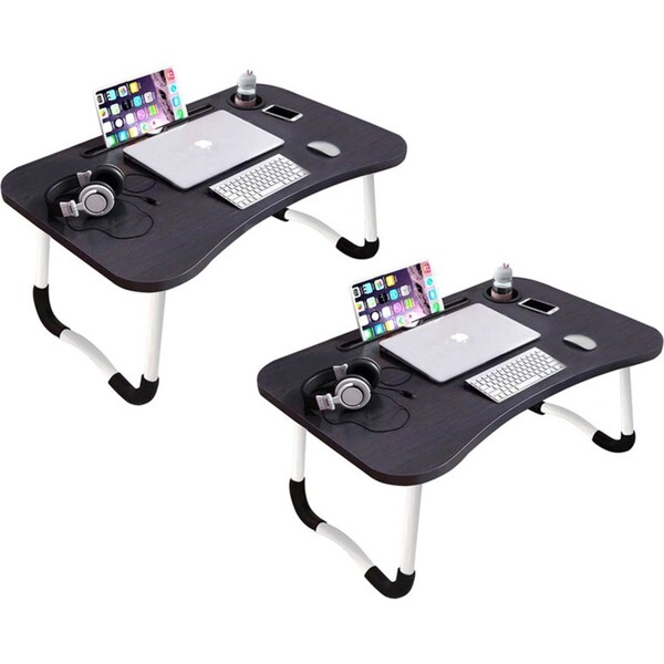 SOGA 2X Black Portable Bed Table Adjustable Foldable Bed Sofa Study Table Laptop Mini Desk with Notebook Stand Cup Slot Home Decor