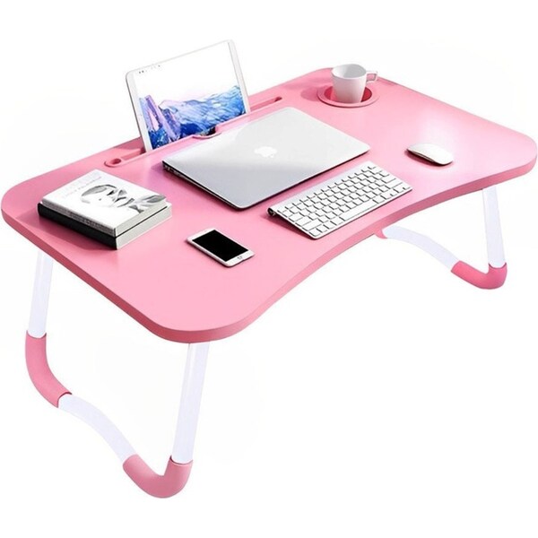 SOGA Pink Portable Bed Table Adjustable Folding Mini Desk Notebook Stand Card Slot Holder with Cup-Holder Home Decor