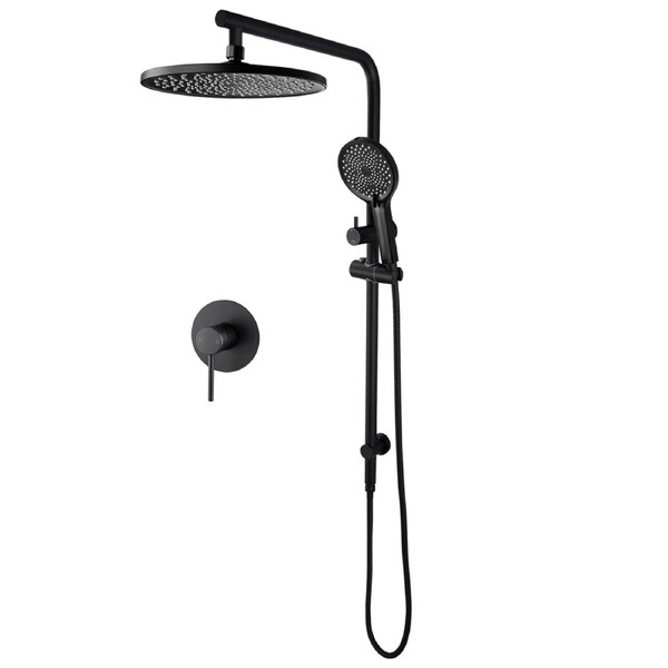 Black Bath Round 10'' Rainfall Shower Head 3-MODE Handheld Set Gooseneck Arm Wall Rail Diverter with Mixer Tap WELS WATERMARK