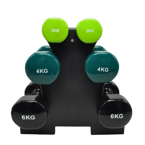 3 Pairs Pvc Dumbbell Set Weight - 2kg + 4kg + 6kg - Total 24kg With 1 Free Rack