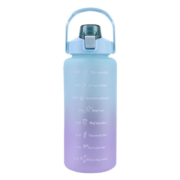 Ozoffer Green Purple Large Sports Water Bottle 2L Capacity Straw Time Motivational Fitness Jugs