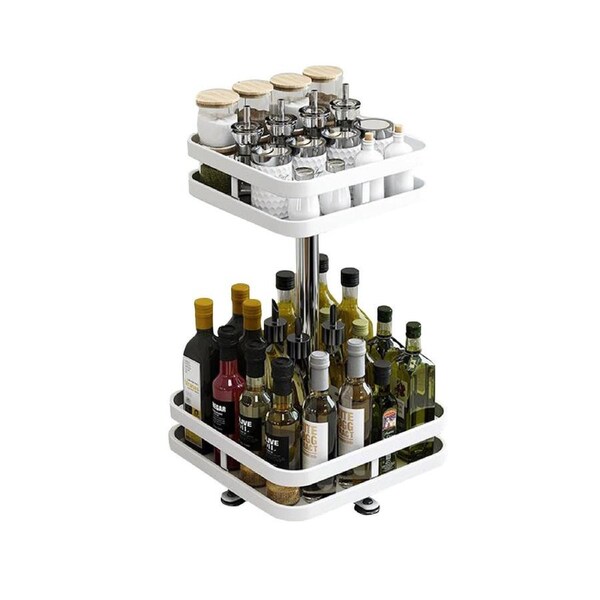 SOGA 2 Tier Steel White Square Rotating Multi-Function Kitchen Portable Storage Spice Seasoning Kitchen Countertop Organiser Shelf