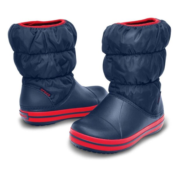 Crocs Kids Winter Puff Boot Childrens Boys Girls Warm Puffer - Navy/Red US C8