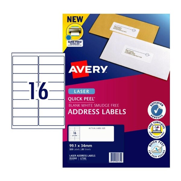 AVERY Quick Peel Address Labels with Sure Feed 99.1 x 34 mm (320 Labels/20 Sheets)