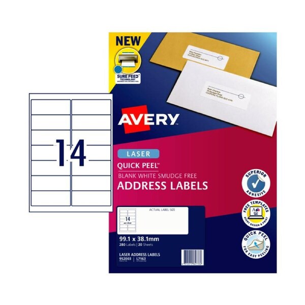 VERY Quick Peel Address Labels with Sure Feed 99.1 x 38.1 mm (280 Labels/20 Sheets)
