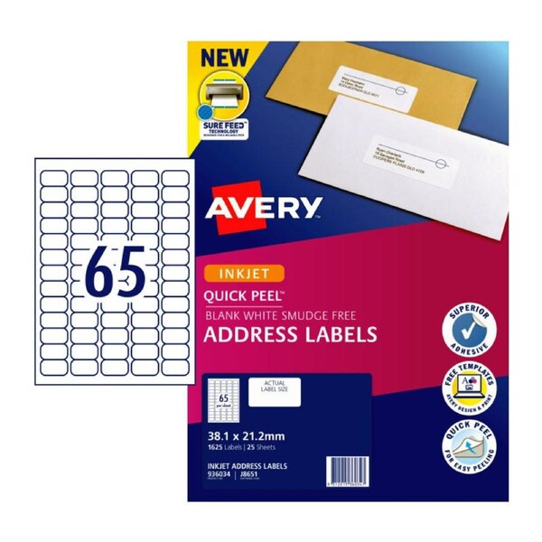 AVERY Quick Peel Address Labels with Sure Feed 38.1 x 21.2 mm (1625 Labels/25 Sheets)
