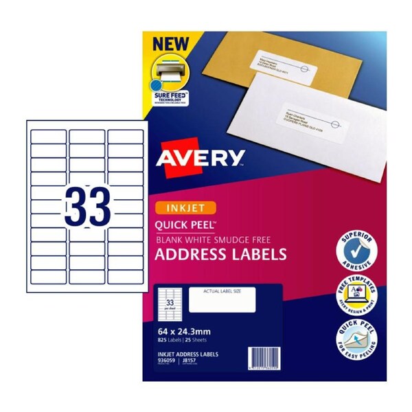 AVERY White Quick Peel Address Labels Smudge Free J8157 64 x 24.3mm (825 Labels / 25 Sheets)