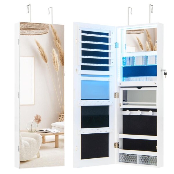 Giantex Mirrored Jewelry Cabinet Wall Mounted Jewelry Armoire w/Full-Length Mirror Lockable Jewelry Organizer White