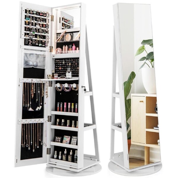 Giantex 3 in 1 Swivel Jewelry Cabinet w/Full-Length Mirror & 3-Color LED Lights 360° Lockable Jewelry Armoire White