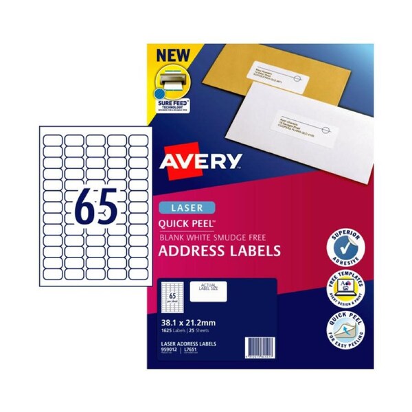 AVERY Quick Peel Address Labels with Sure Feed 38.1 x 21.2 mm (1625 Labels/25 Sheets)