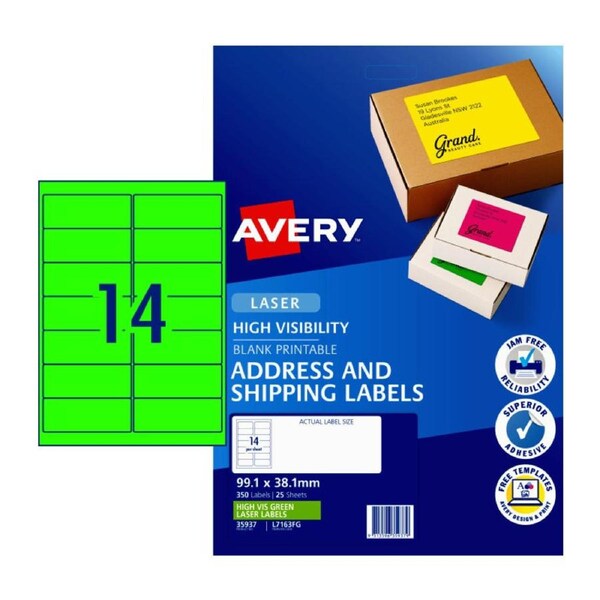 AVERY Fluoro Green High Visibility Shipping Labels 99.1 x 38.1 mm (350 Labels/25 Sheets)