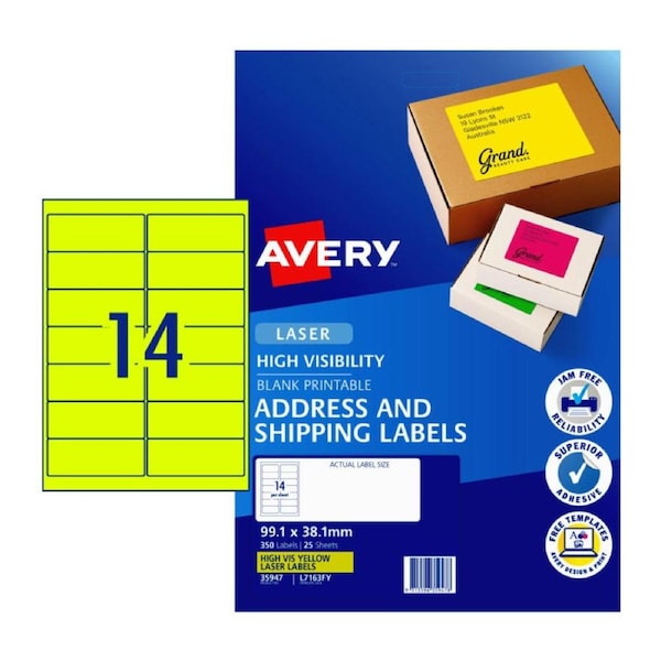 AVERY Fluoro Yellow High Visibility Shipping Labels 99.1 x 38.1 mm (350 Labels/25 Sheets)