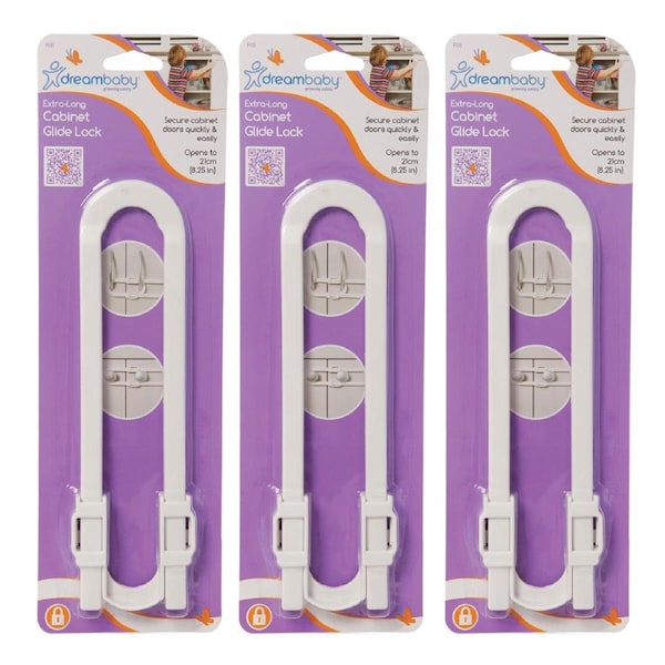 3x Dreambaby Child/Toddler Protection/Safety Extra Long Cabinet Glide Latch/Lock