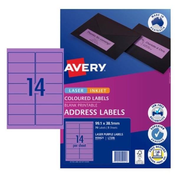AVERY Purple Coloured Labels 99.1 x 38.1 mm (70 Labels/5 Sheets)