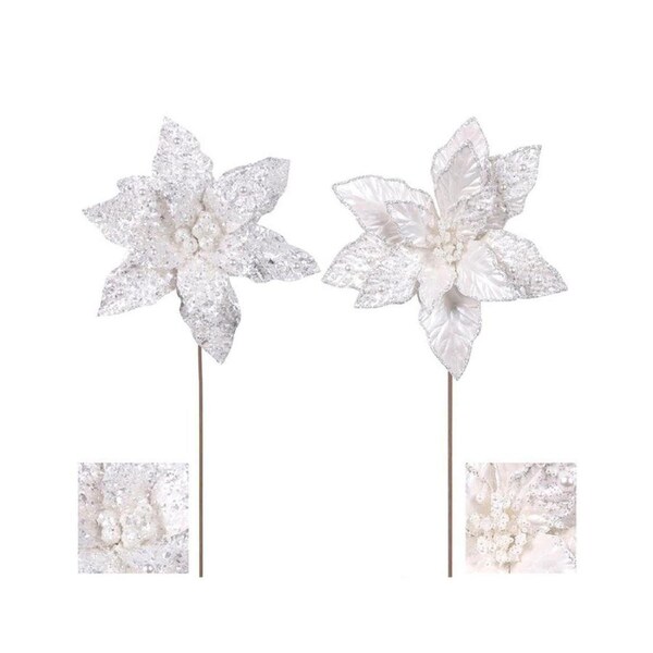 White Poinsettia Flower Pick 2 Pack 25cm
