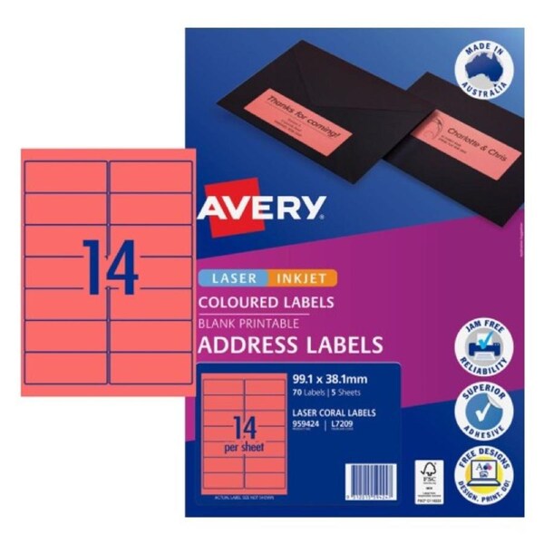 AVERY Coral Coloured Labels 99.1 x 38.1 mm (70 Labels/5 Sheets)