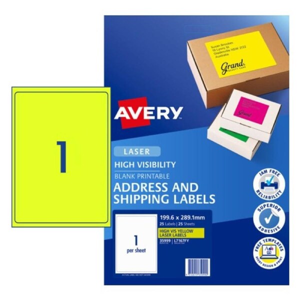 AVERY Fluoro Yellow High Visibility Shipping Labels 199.6 x 289.1 mm (25 Labels/25 Sheets)