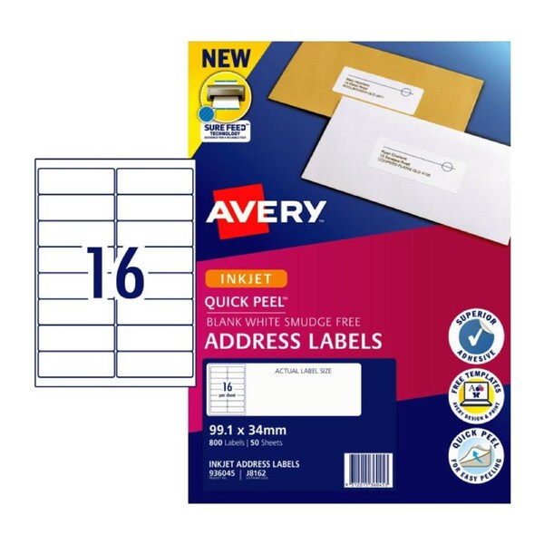 AVERY White Quick Peel Addressing Labels J8162 99.1mm x 34mm (800 Labels/50 Sheets)