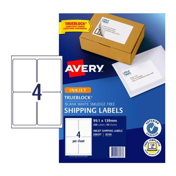 AVERY White Trueblock Shipping Labels J8169 199.1 x 139mm (200 Labels/50 Sheets)
