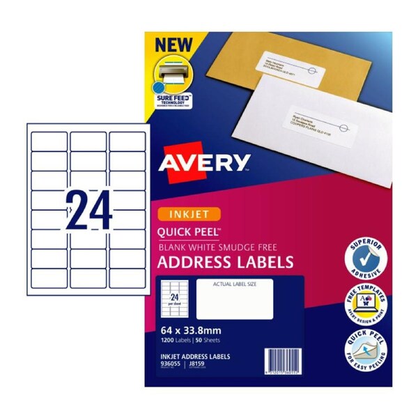 AVERY Quick Peel Address Labels with Sure Feed J8159 64 x 33.8mm (1200 Labels/50 Sheets)
